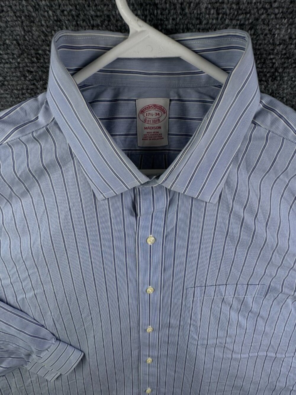 Brooks Brothers 17.5 34 Button Up Shirt Cotton Striped Blue Madison Non Iron